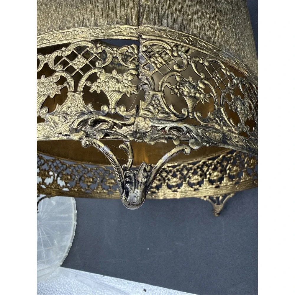 Vtg Hollywood Regency‎ Gold Tone Filigree Trash Basket Can Plastic Liner MCM